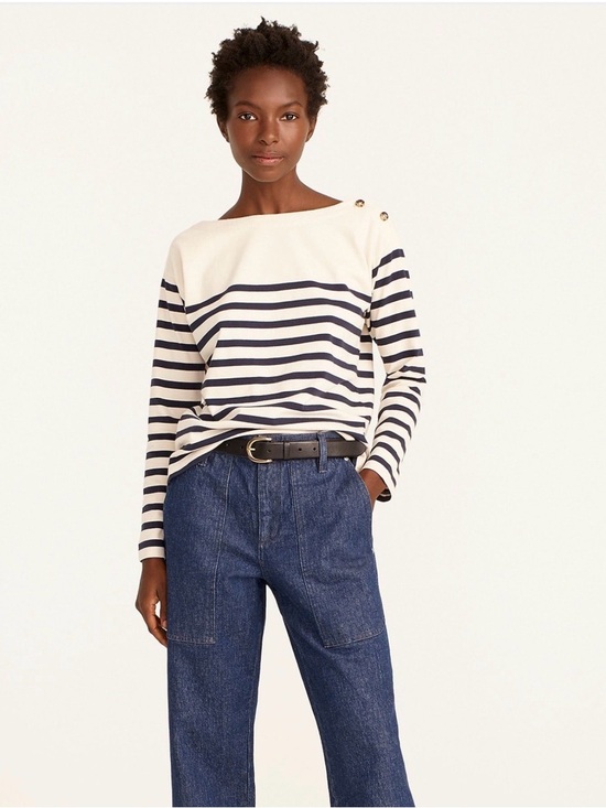 J. Crew Tops - J. Crew Cream and Navy Striped Boatneck